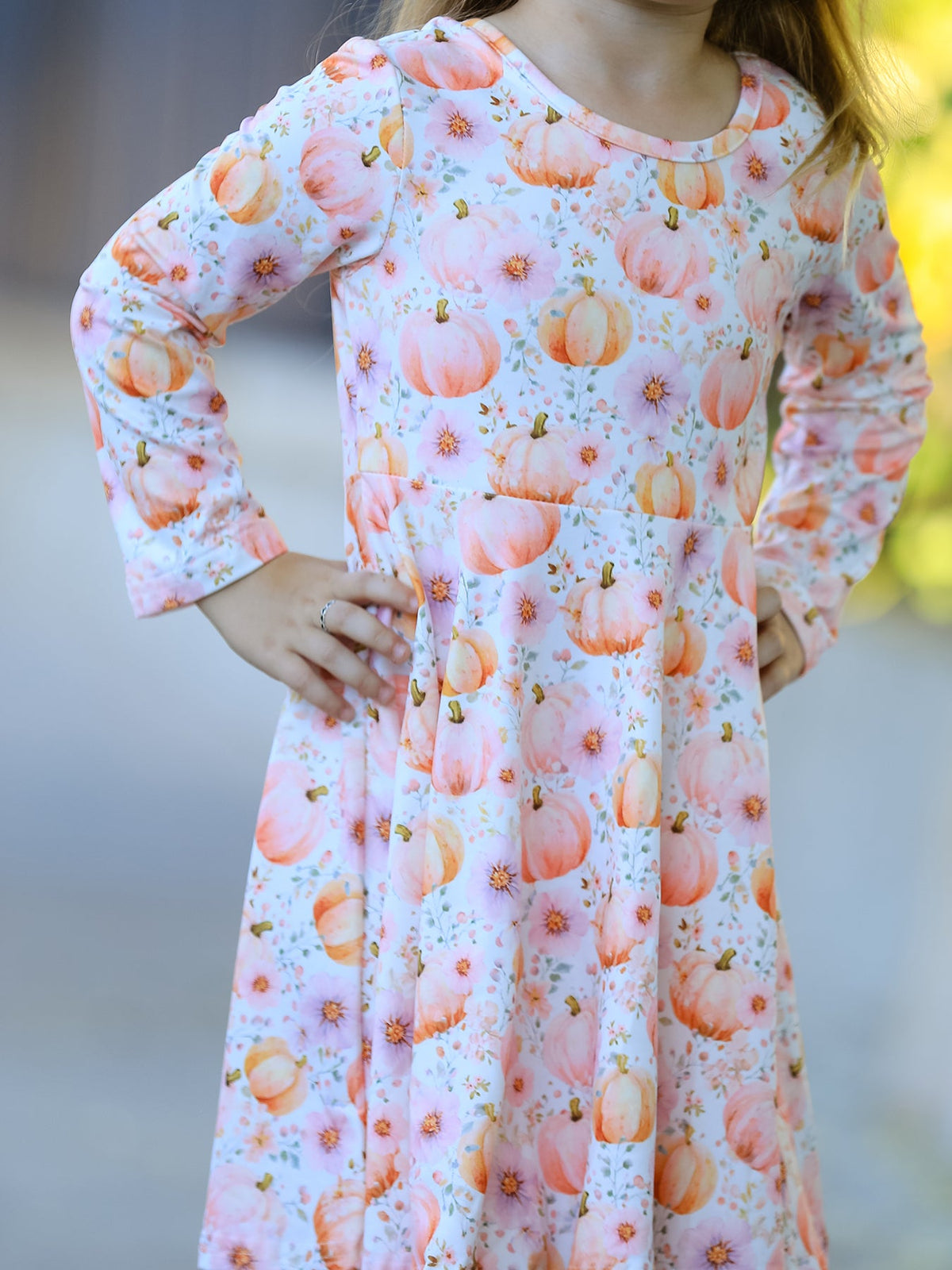 Polyester Spandex Girls Long Sleeve Twirl Dress - Pink Pumpkin by Rylee Faith Designs