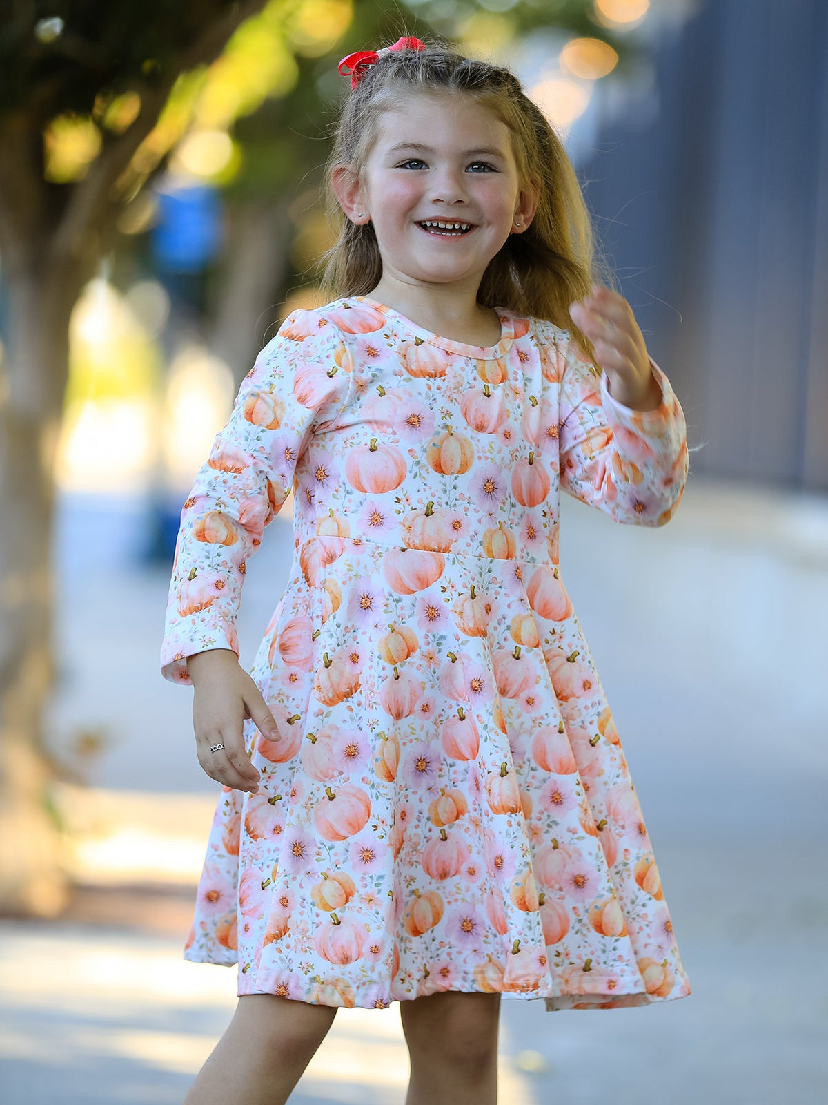 Polyester Spandex Girls Long Sleeve Twirl Dress - Pink Pumpkin