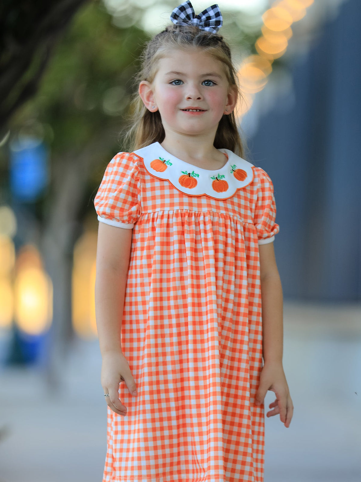 Fall Pumpkin Embroidered Puff Sleeve Girls Dress by Rylee Faith Designs