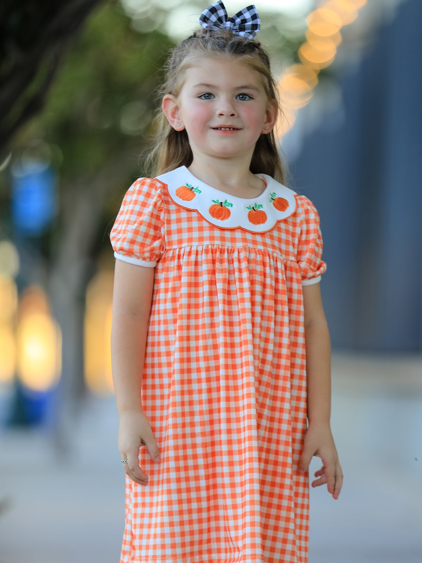 Fall Pumpkin Embroidered Puff Sleeve Girls Dress by Rylee Faith Designs