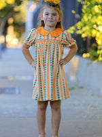 Polyester Spandex Girls Dress, Floral Stripe Petals Collar Smocked by Rylee Faith Designs
