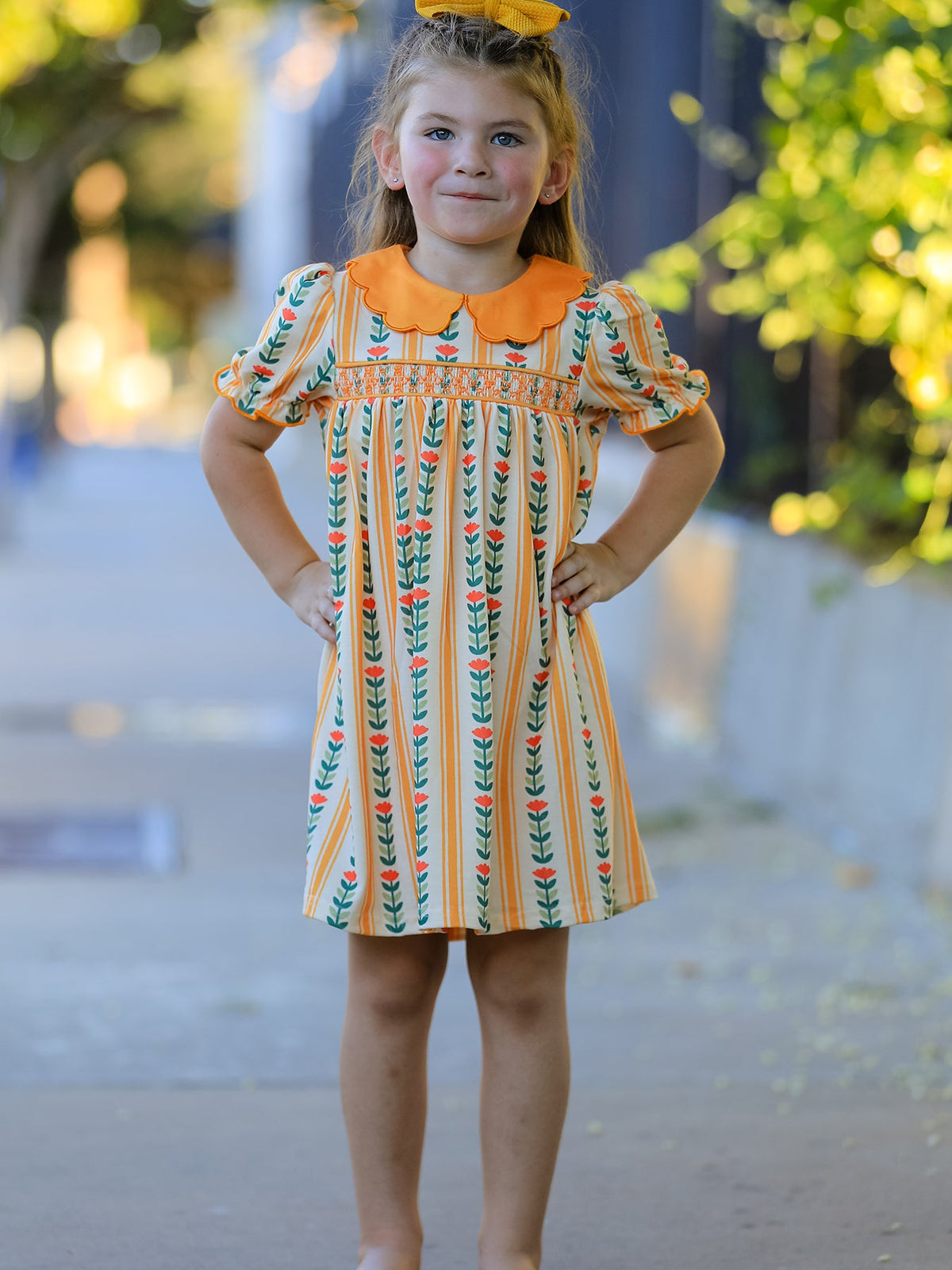 Polyester Spandex Girls Dress, Floral Stripe Petals Collar Smocked by Rylee Faith Designs
