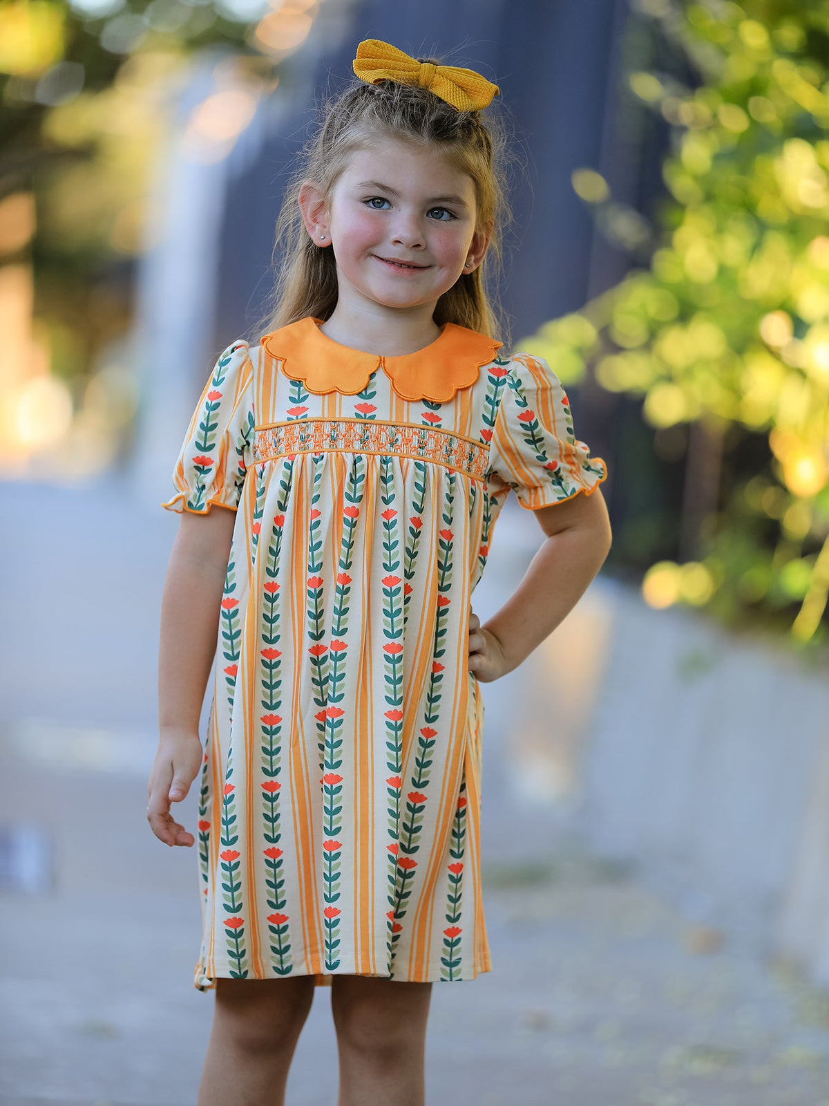 Polyester Spandex Girls Dress, Floral Stripe Petals Collar Smocked by Rylee Faith Designs