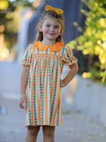 Polyester Spandex Girls Dress, Floral Stripe Petals Collar Smocked by Rylee Faith Designs