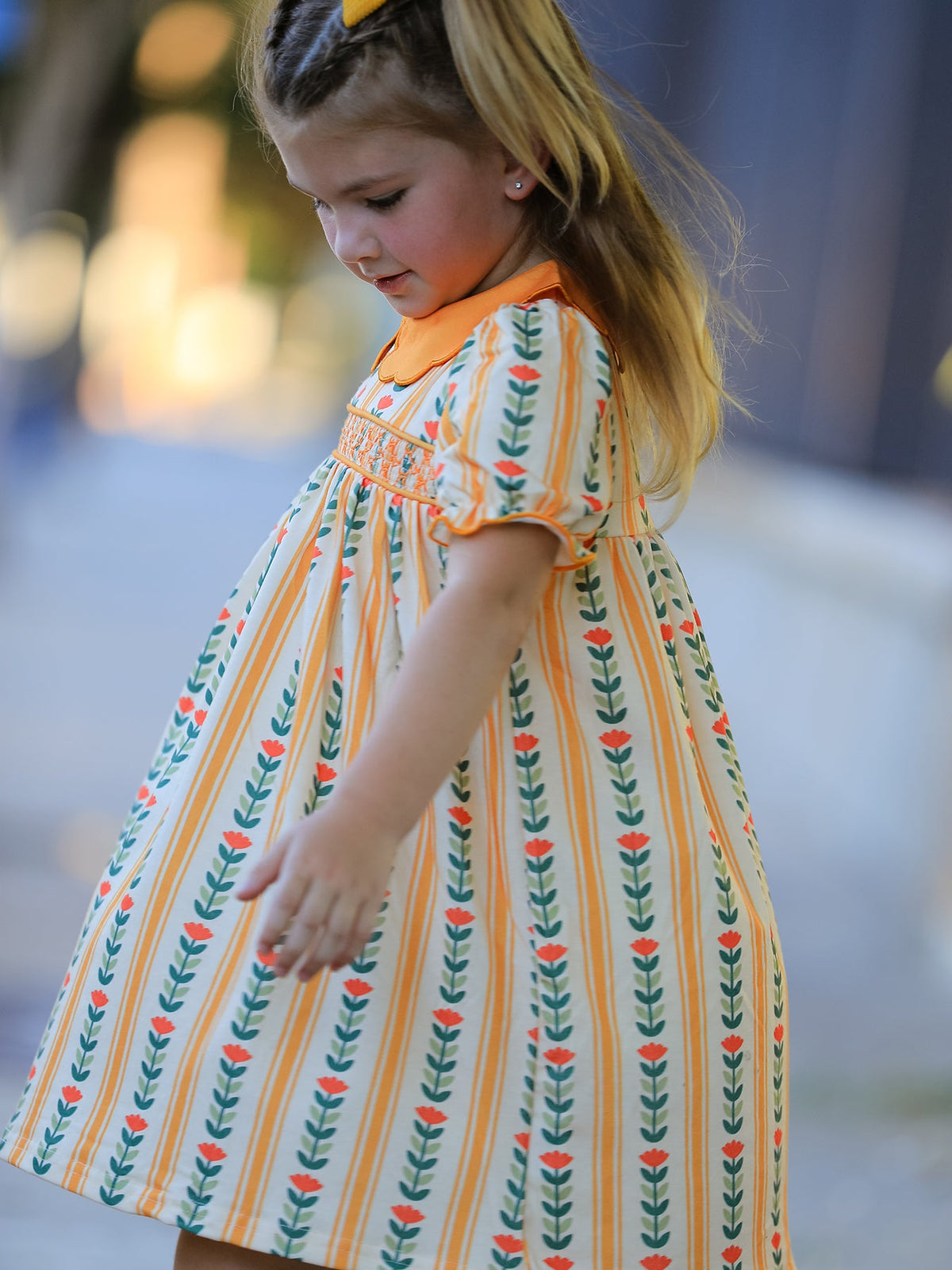 Polyester Spandex Girls Dress, Floral Stripe Petals Collar Smocked by Rylee Faith Designs