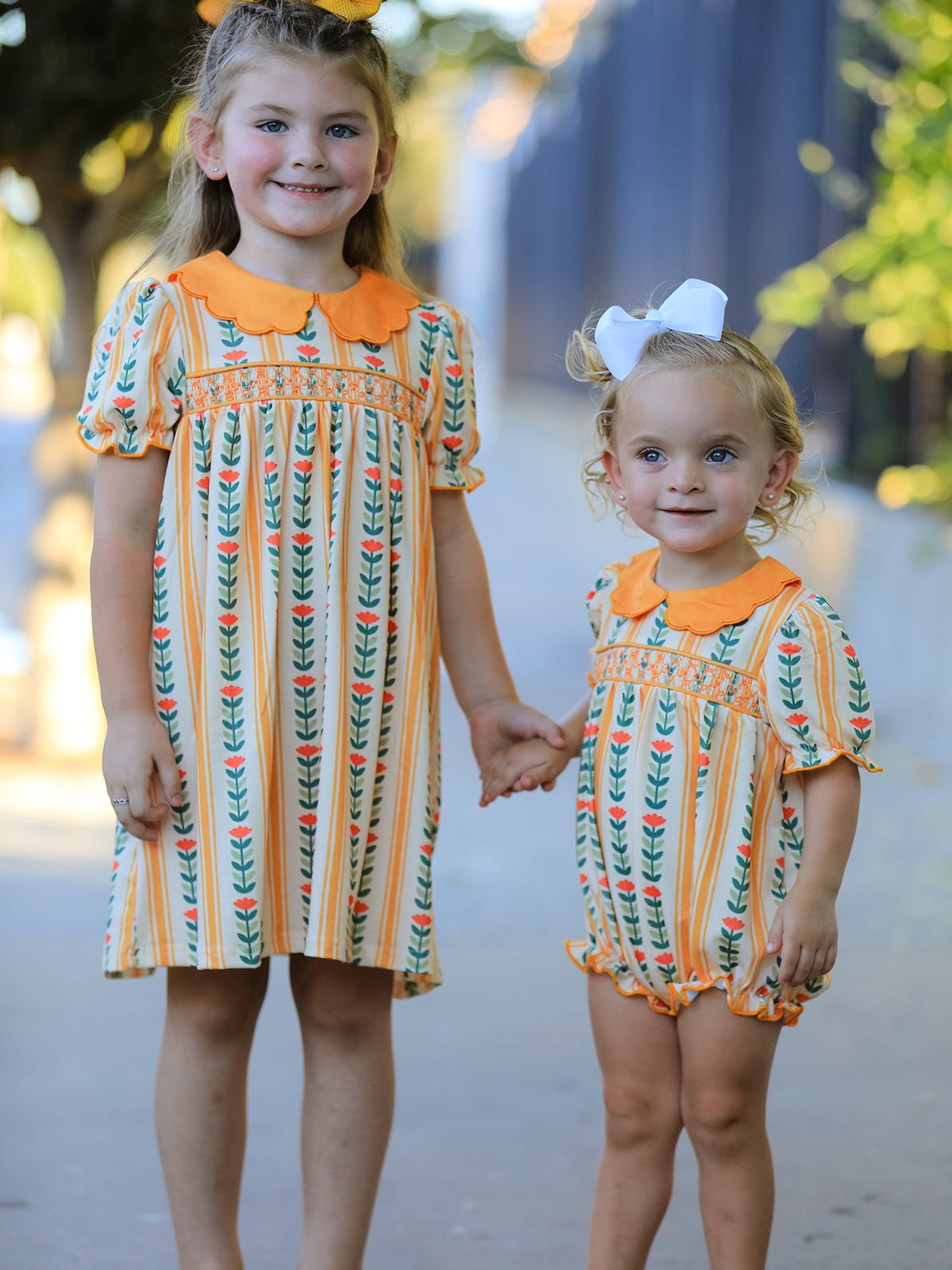 Polyester Spandex Girls Dress, Floral Stripe Petals Collar Smocked by Rylee Faith Designs