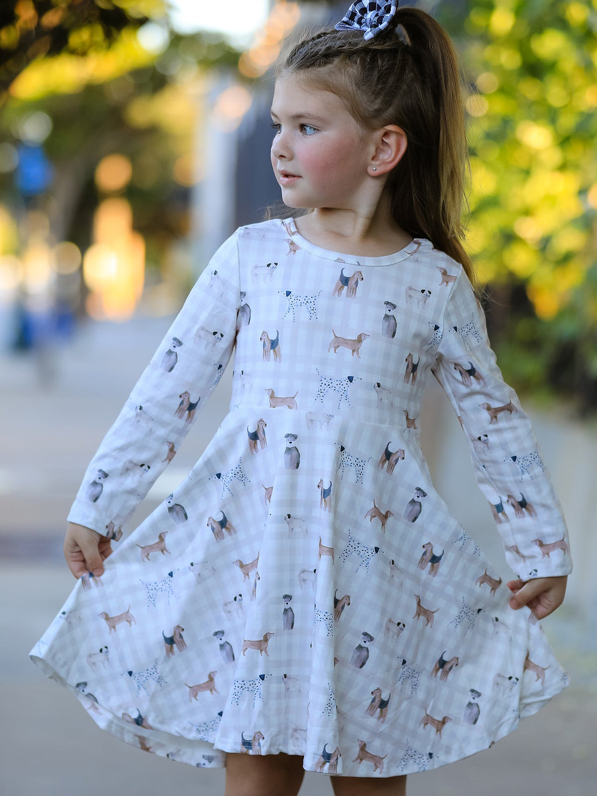 Plaid Dog Print Girls Long Sleeve Twirl Dress