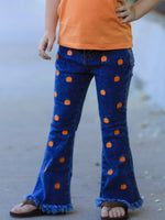 Girls Pumpkin Embroidered Flare Jeans, Fringe Hem by Rylee Faith Designs