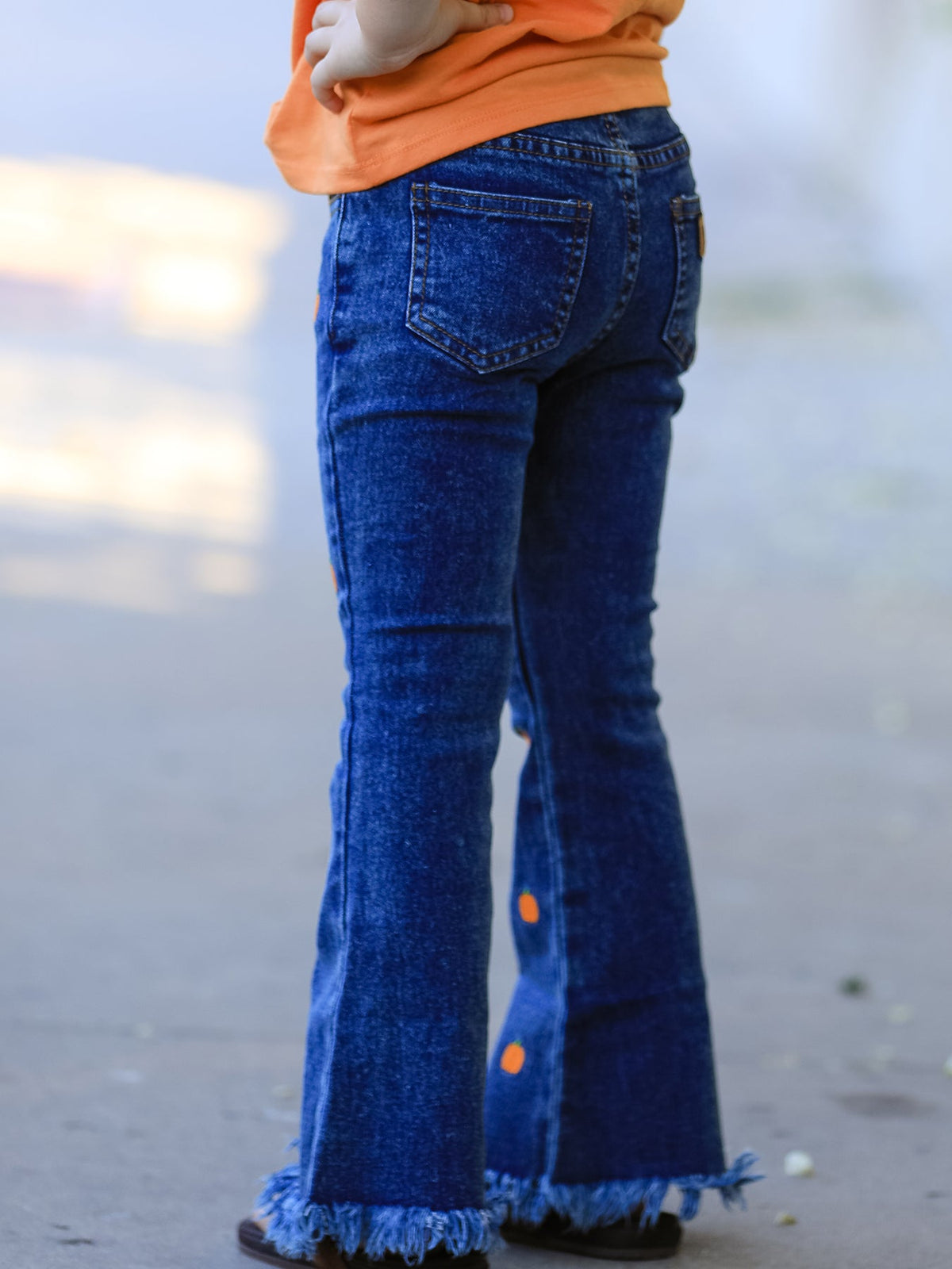 Girls Pumpkin Embroidered Flare Jeans, Fringe Hem by Rylee Faith Designs