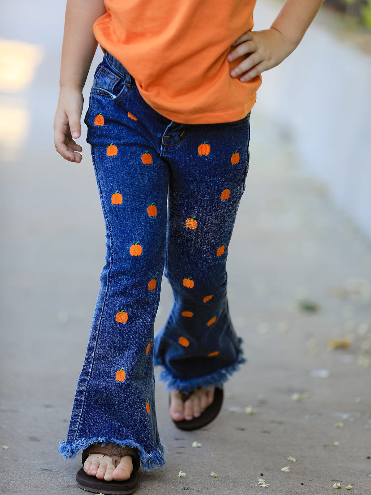 Girls Pumpkin Embroidered Flare Jeans, Fringe Hem by Rylee Faith Designs