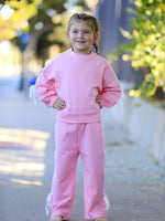 Girls Cotton Polyester Sweatshirt and Pants Set, Pink Bow Trim by Rylee Faith Designs