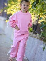 Girls Cotton Polyester Sweatshirt and Pants Set, Pink Bow Trim by Rylee Faith Designs