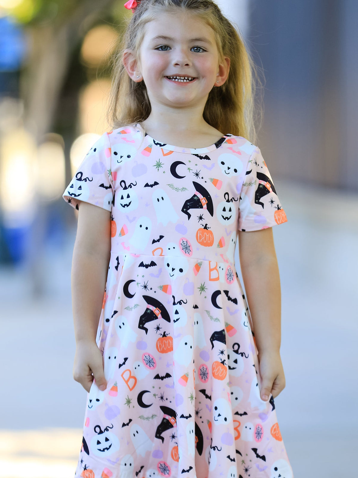 Polyester Spandex Halloween Ghost Girl Twirl Dress, Short-sleeved by Rylee Faith Designs