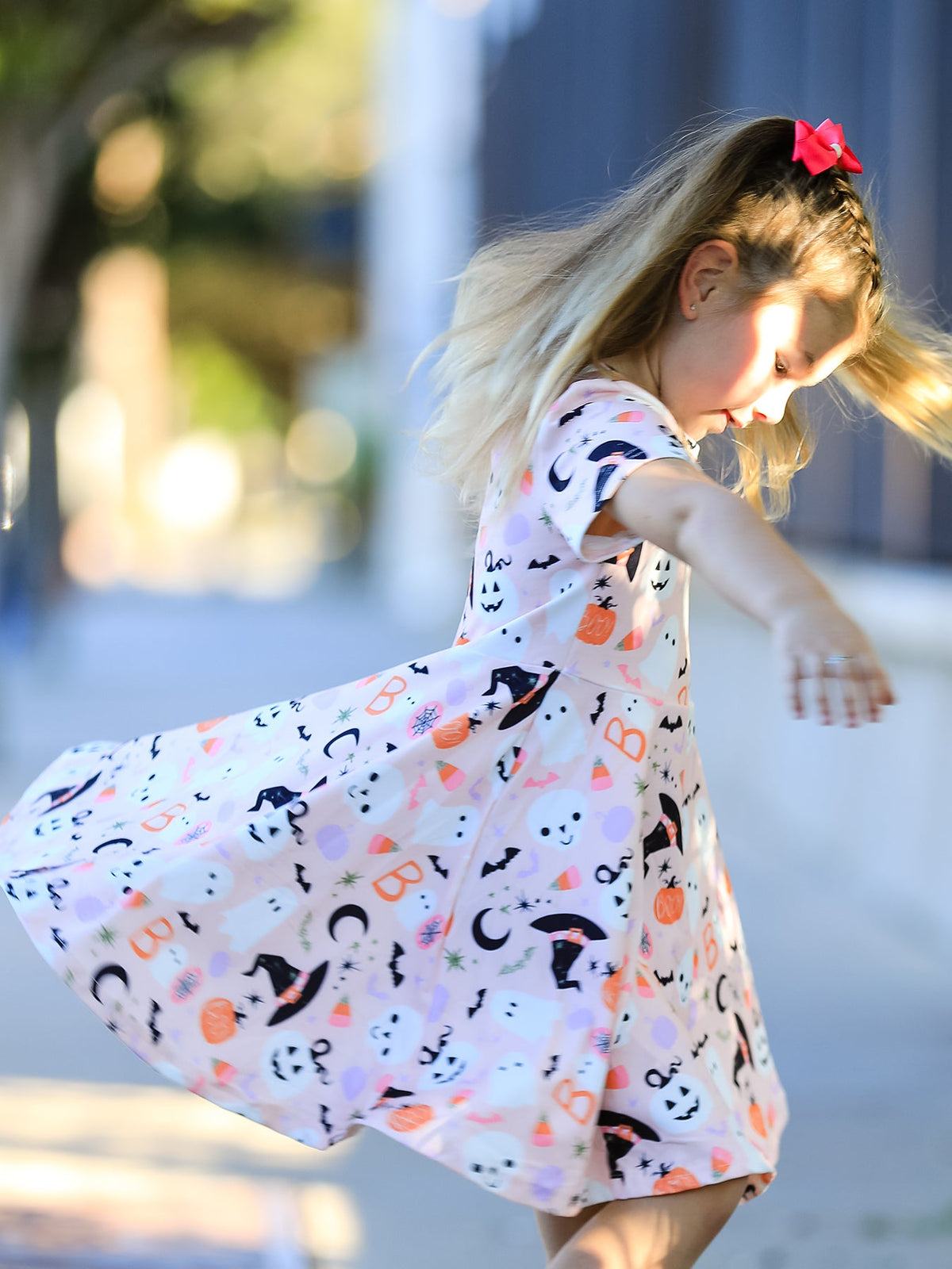 Polyester Spandex Halloween Ghost Girl Twirl Dress, Short-sleeved by Rylee Faith Designs