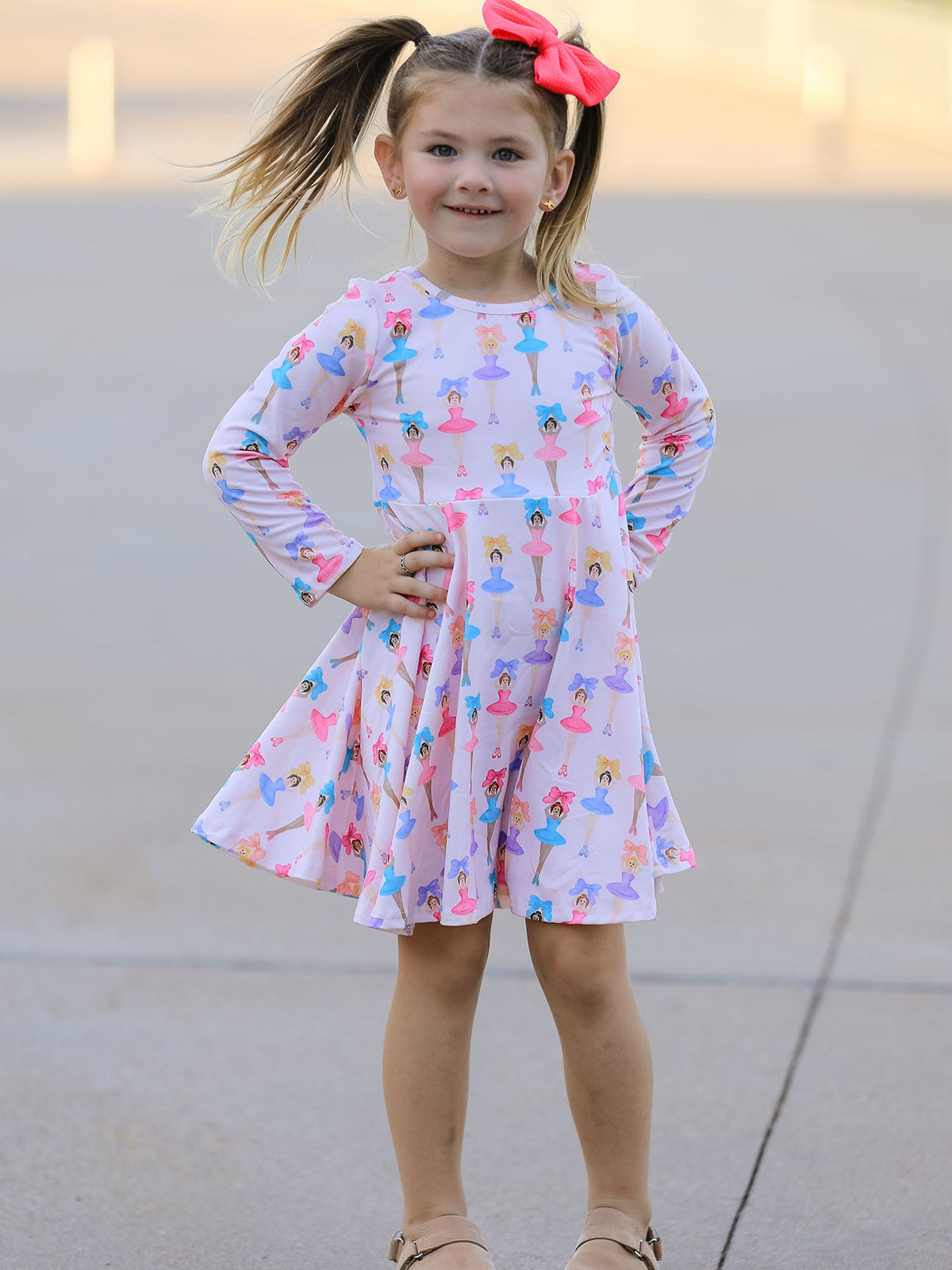Long sleeve girls twirl dress with colorful ballet character designs