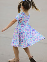 Unicorn Floral Print Girls Short Sleeve Twirl Dress by Rylee Faith Designs