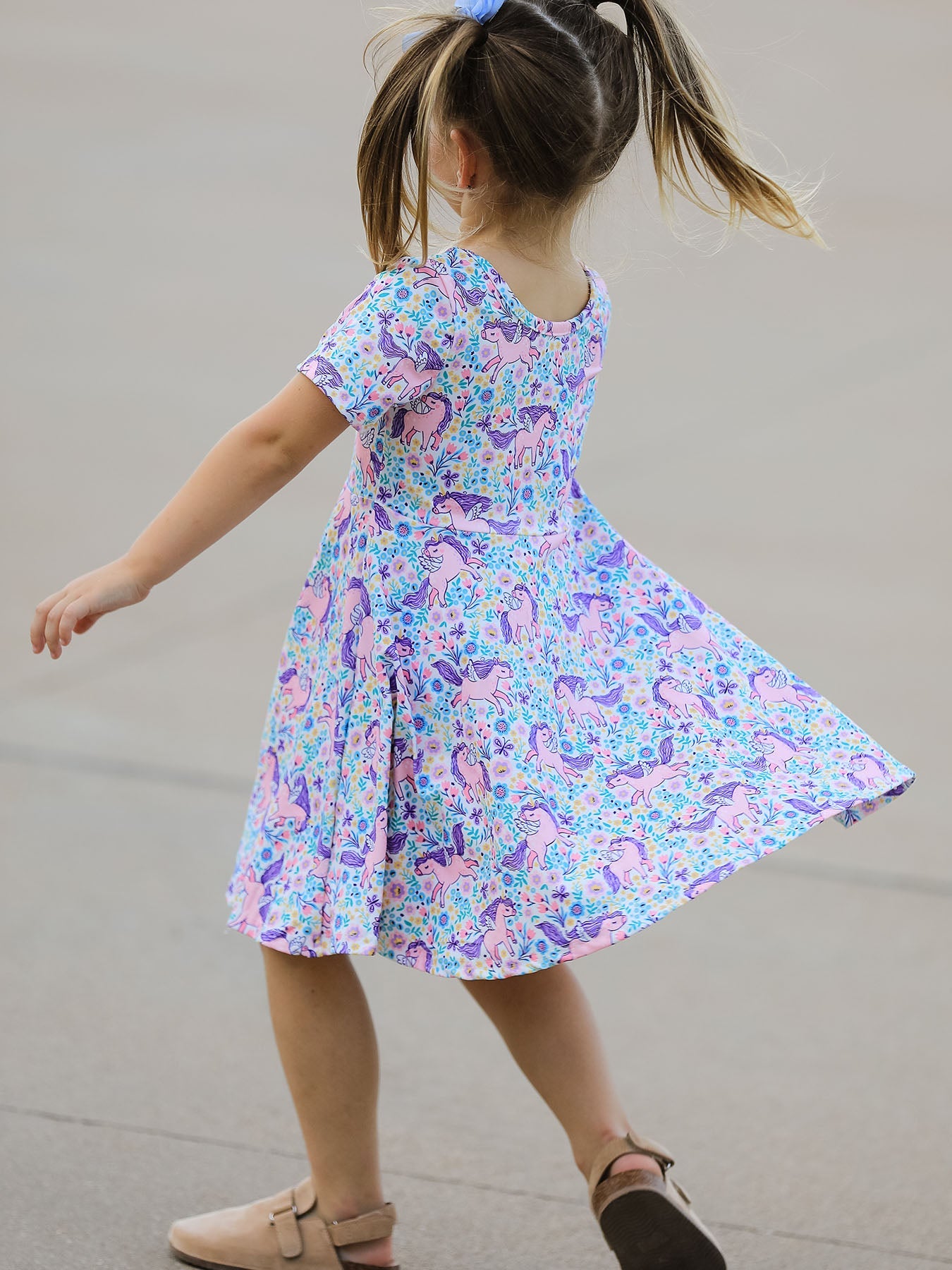 Unicorn Floral Print Girls Short Sleeve Twirl Dress by Rylee Faith Designs