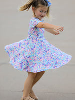 Unicorn Floral Print Girls Short Sleeve Twirl Dress by Rylee Faith Designs