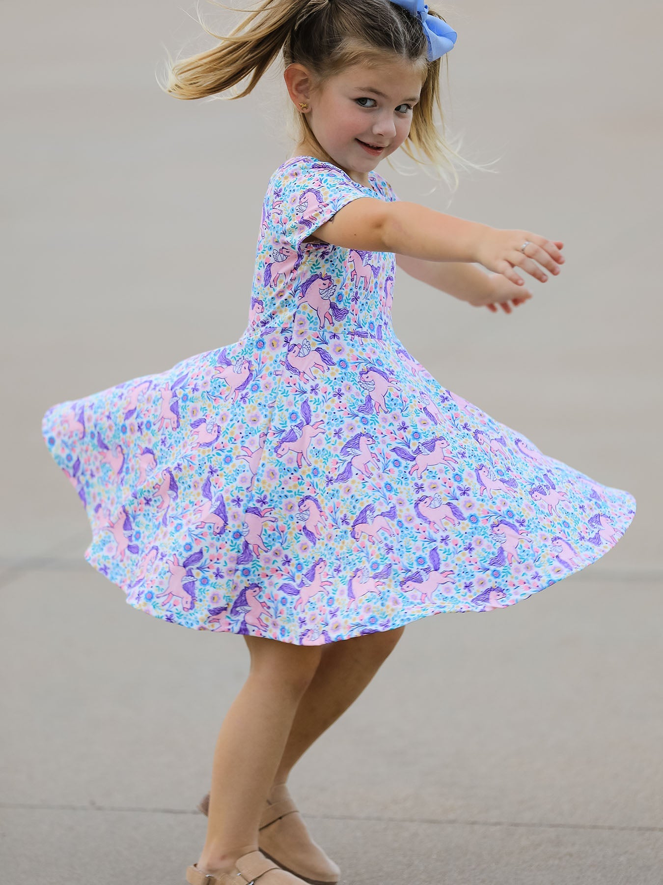 Unicorn Floral Print Girls Short Sleeve Twirl Dress by Rylee Faith Designs