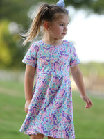 Unicorn Floral Print Girls Short Sleeve Twirl Dress by Rylee Faith Designs