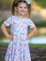 Girls short sleeve twirl dress with unicorn and floral print