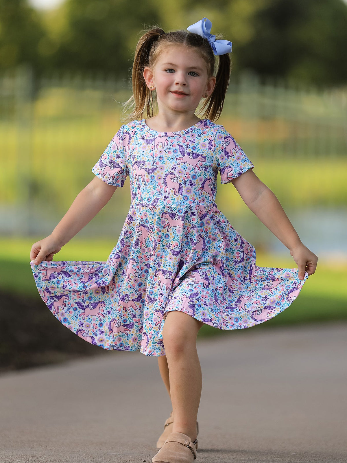 Unicorn Floral Print Girls Short Sleeve Twirl Dress by Rylee Faith Designs