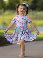 Unicorn Floral Print Girls Short Sleeve Twirl Dress by Rylee Faith Designs