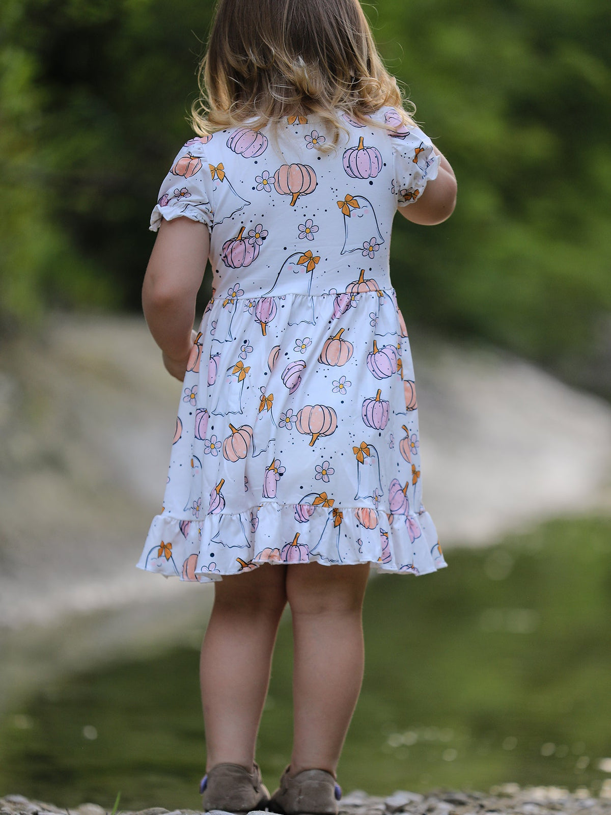 Halloween Pumpkin Ghost Print Cute Girls Dress by Rylee Faith Designs