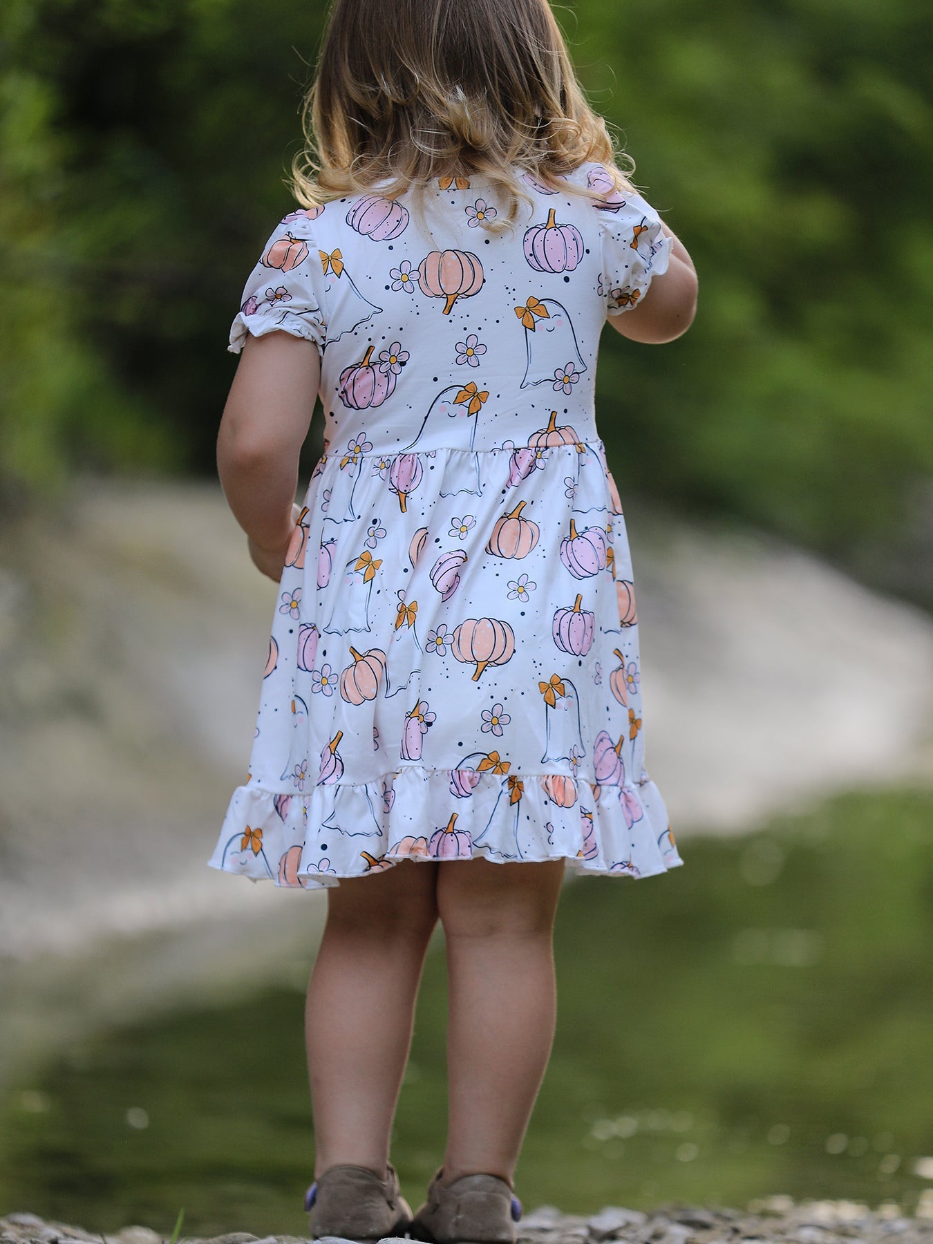 Halloween Pumpkin Ghost Print Cute Girls Dress by Rylee Faith Designs