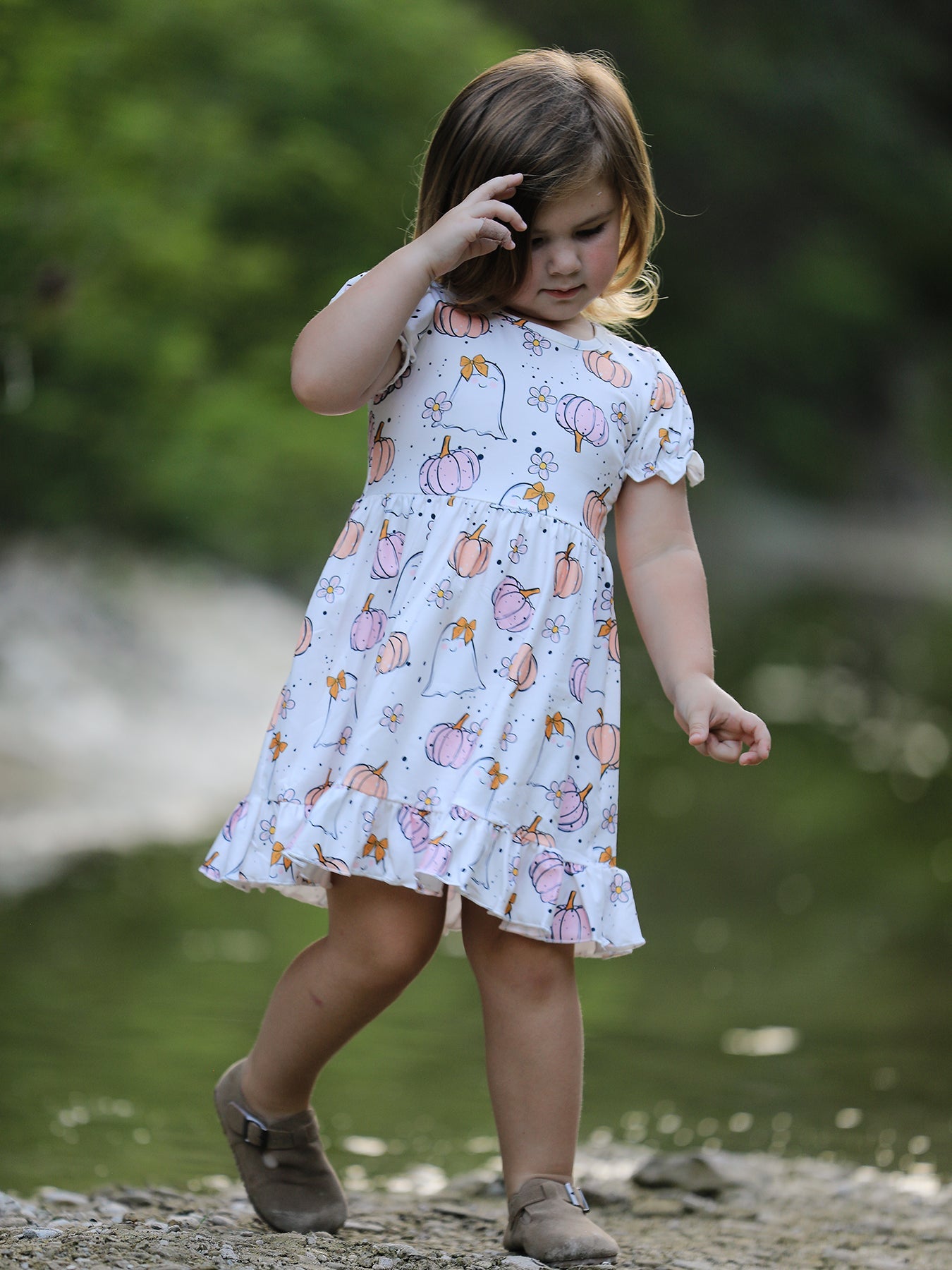 Halloween Pumpkin Ghost Print Cute Girls Dress by Rylee Faith Designs