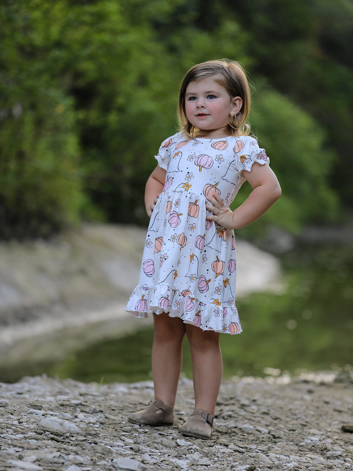 Halloween Pumpkin Ghost Print Cute Girls Dress by Rylee Faith Designs