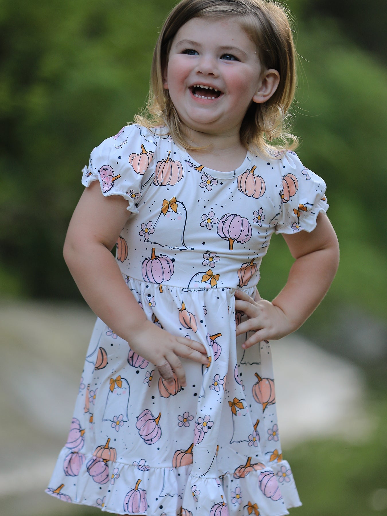Halloween Pumpkin Ghost Print Cute Girls Dress by Rylee Faith Designs