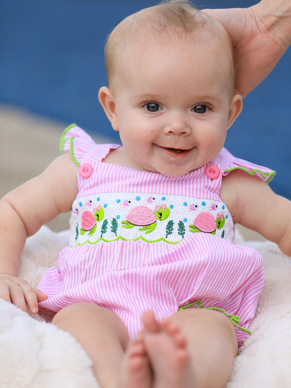 Turtle Girls Romper Pink Stripe Ruffle Strap Smocked by Rylee Faith Designs at Everetts Place