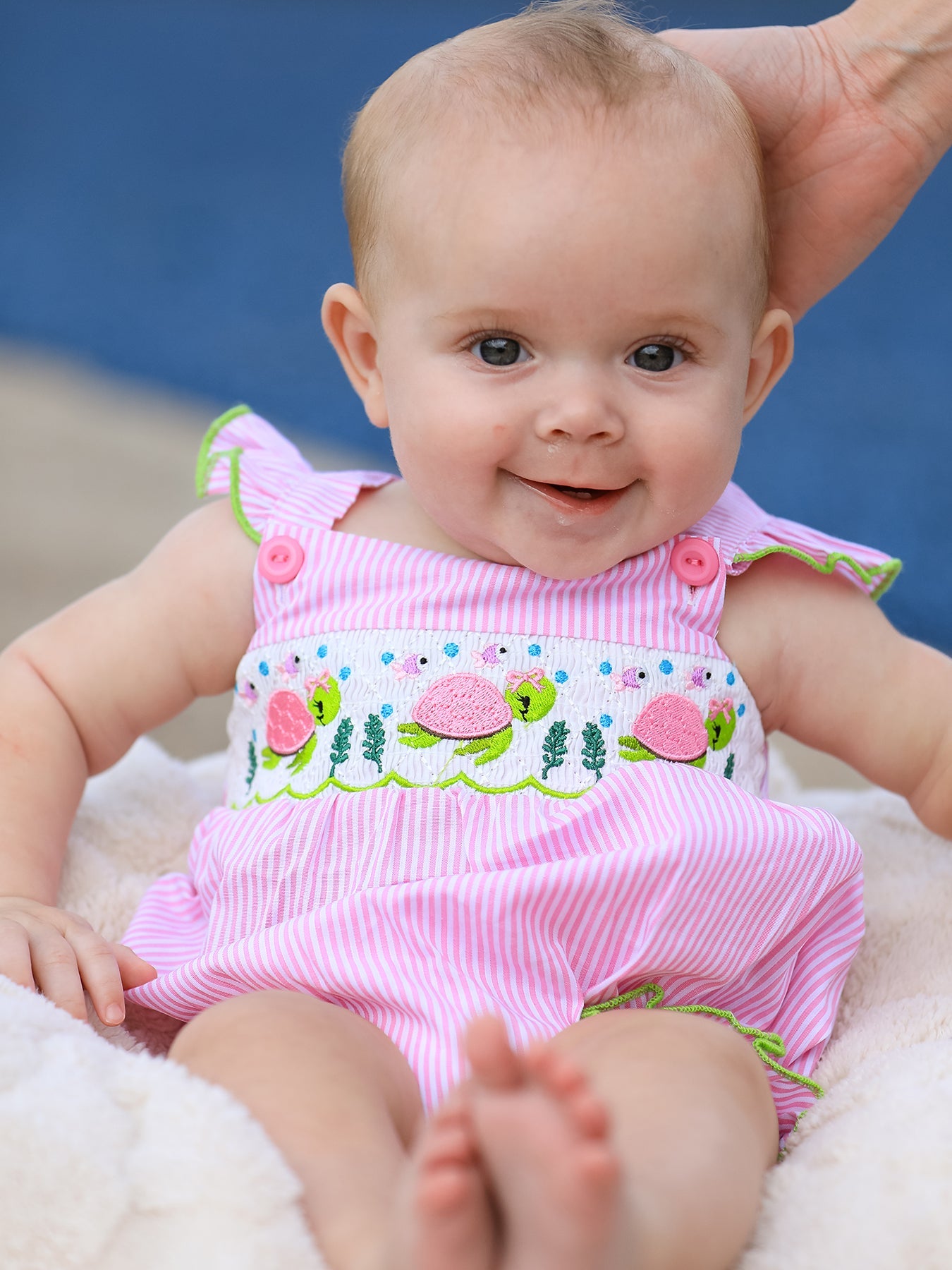Turtle Girls Romper Pink Stripe Ruffle Strap Smocked by Rylee Faith Designs at Everetts Place