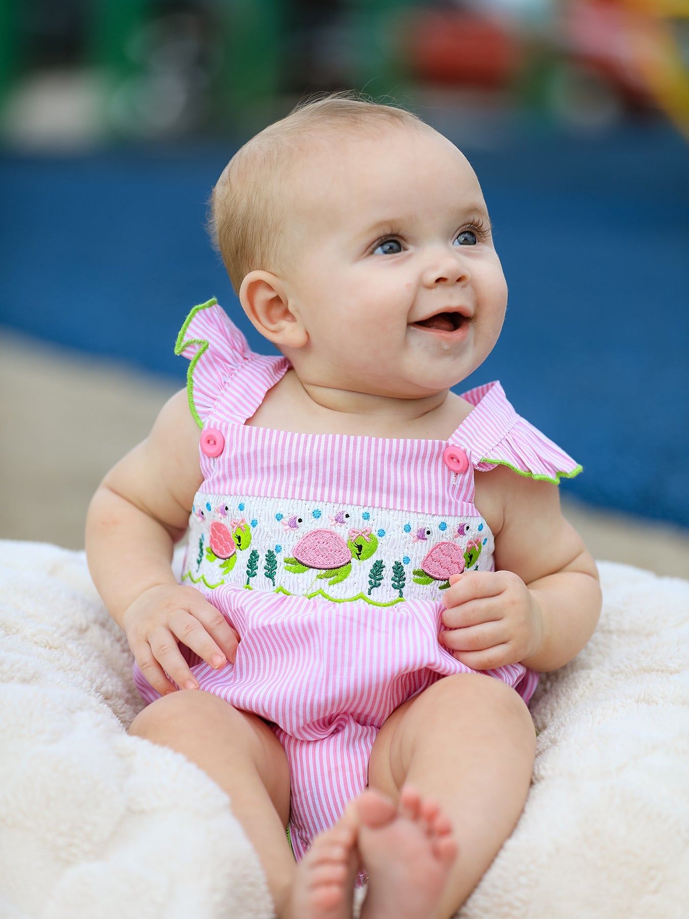 Turtle Girls Romper Pink Stripe Ruffle Strap Smocked by Rylee Faith Designs at Everetts Place