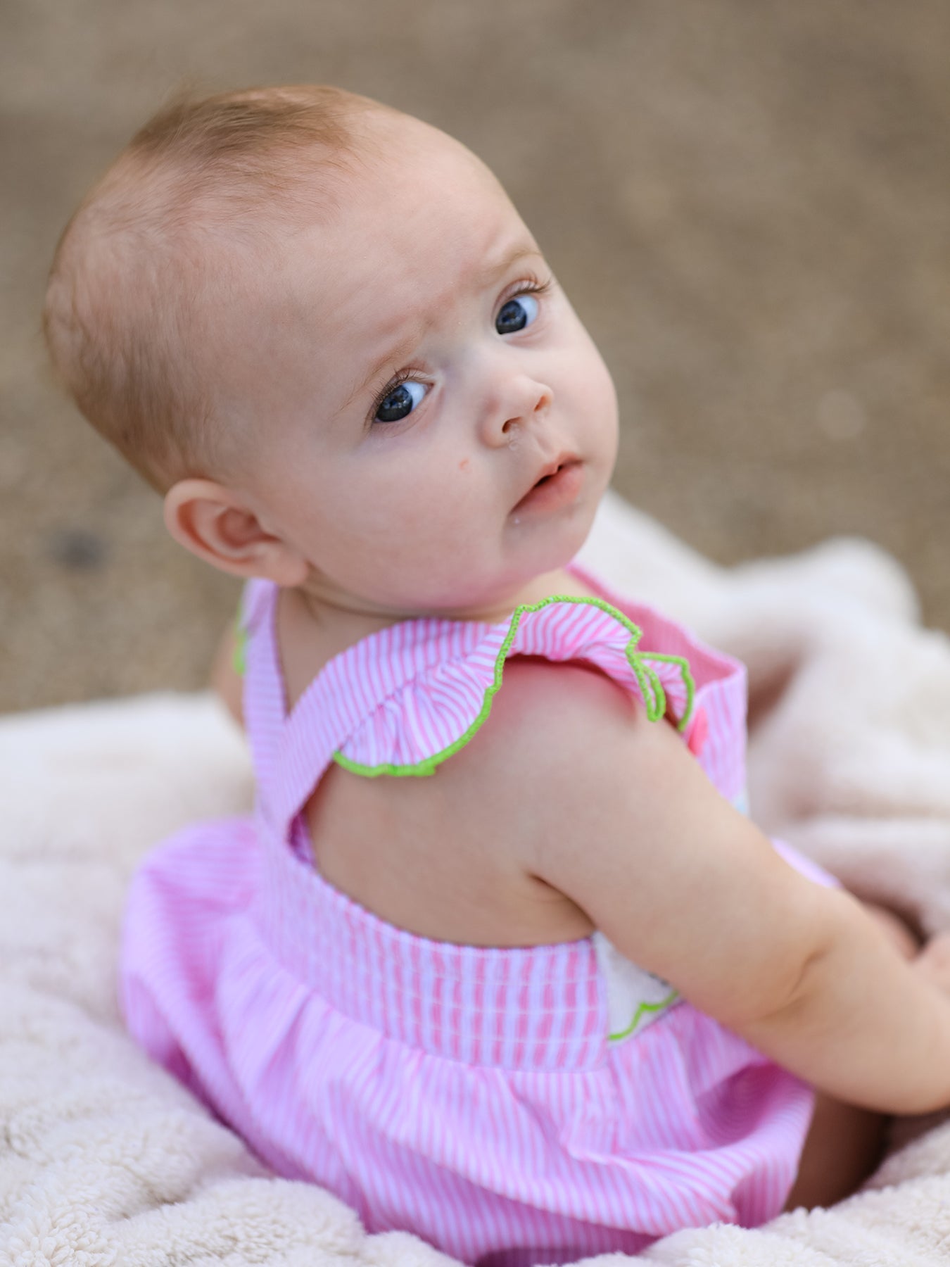 Turtle Girls Romper Pink Stripe Ruffle Strap Smocked by Rylee Faith Designs at Everetts Place