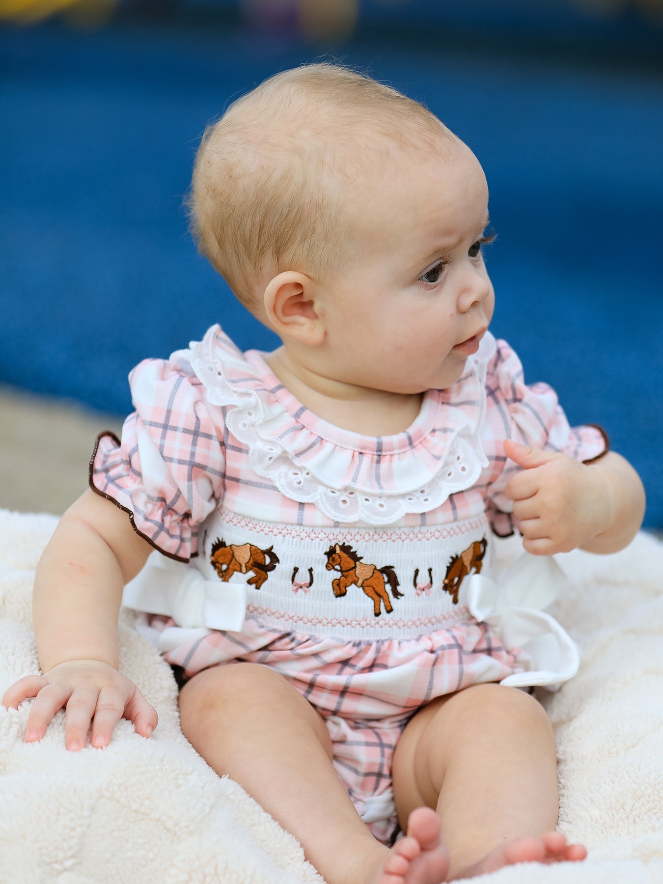 Western Horse Embroidered Smocked Plaid Baby Girl Romper by Rylee Faith Designs at Everetts Place