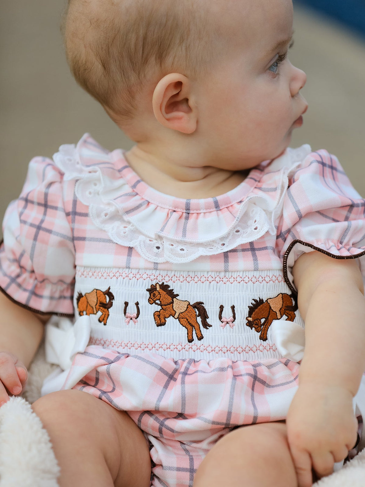 Western Horse Embroidered Smocked Plaid Baby Girl Romper by Rylee Faith Designs at Everetts Place