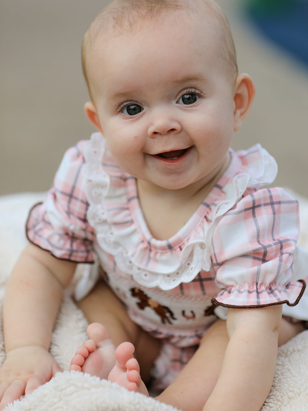 Western Horse Embroidered Smocked Plaid Baby Girl Romper by Rylee Faith Designs at Everetts Place