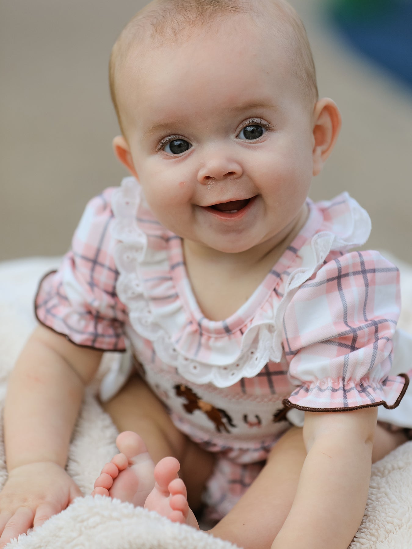 Western Horse Embroidered Smocked Plaid Baby Girl Romper by Rylee Faith Designs at Everetts Place