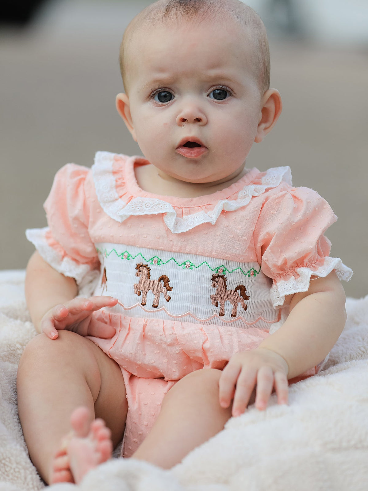 Western Horse Embroidery Girls Romper Lace Petals Collar Puff Sleeve by Rylee Faith Designs at Everetts Place