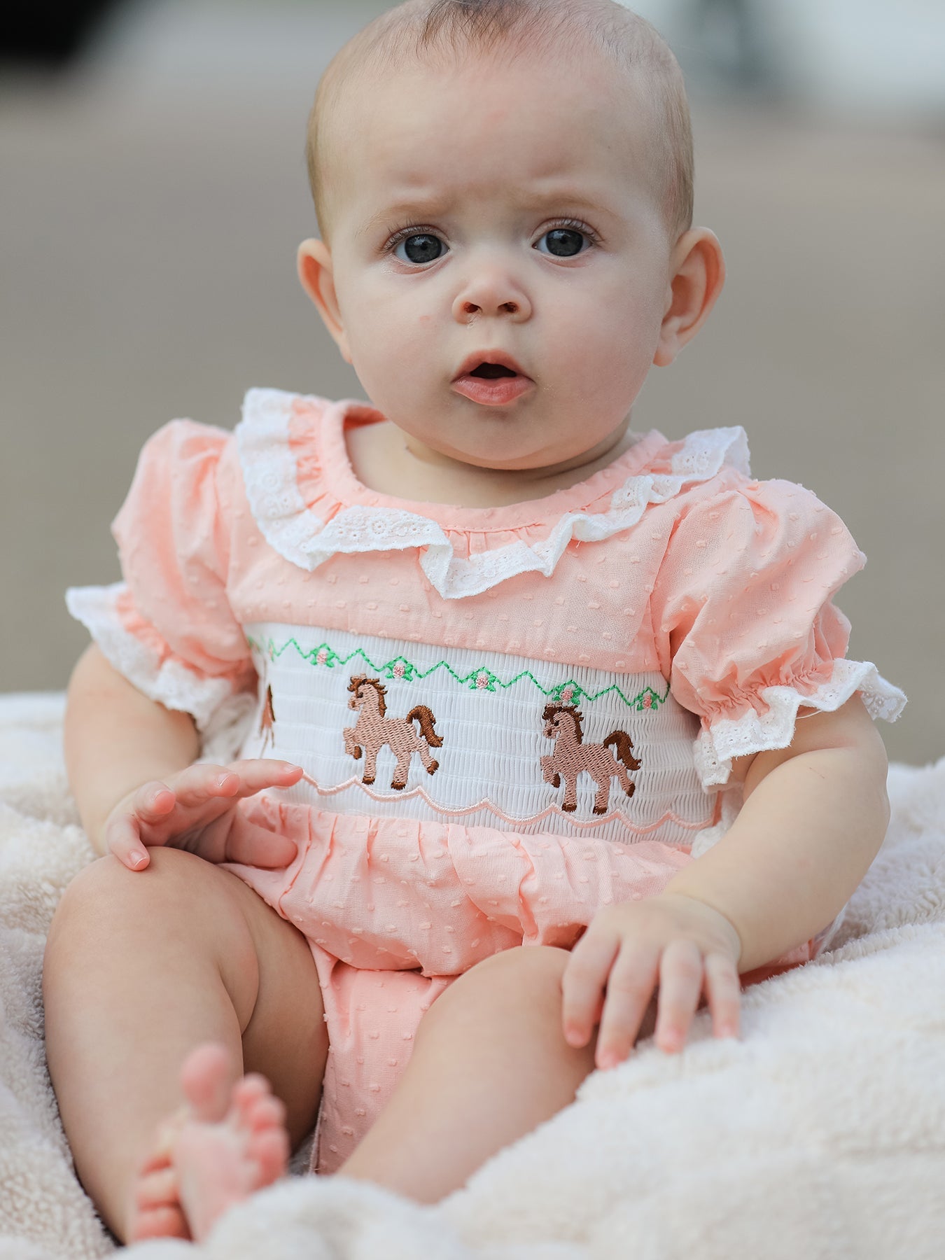 Western Horse Embroidery Girls Romper Lace Petals Collar Puff Sleeve by Rylee Faith Designs at Everetts Place