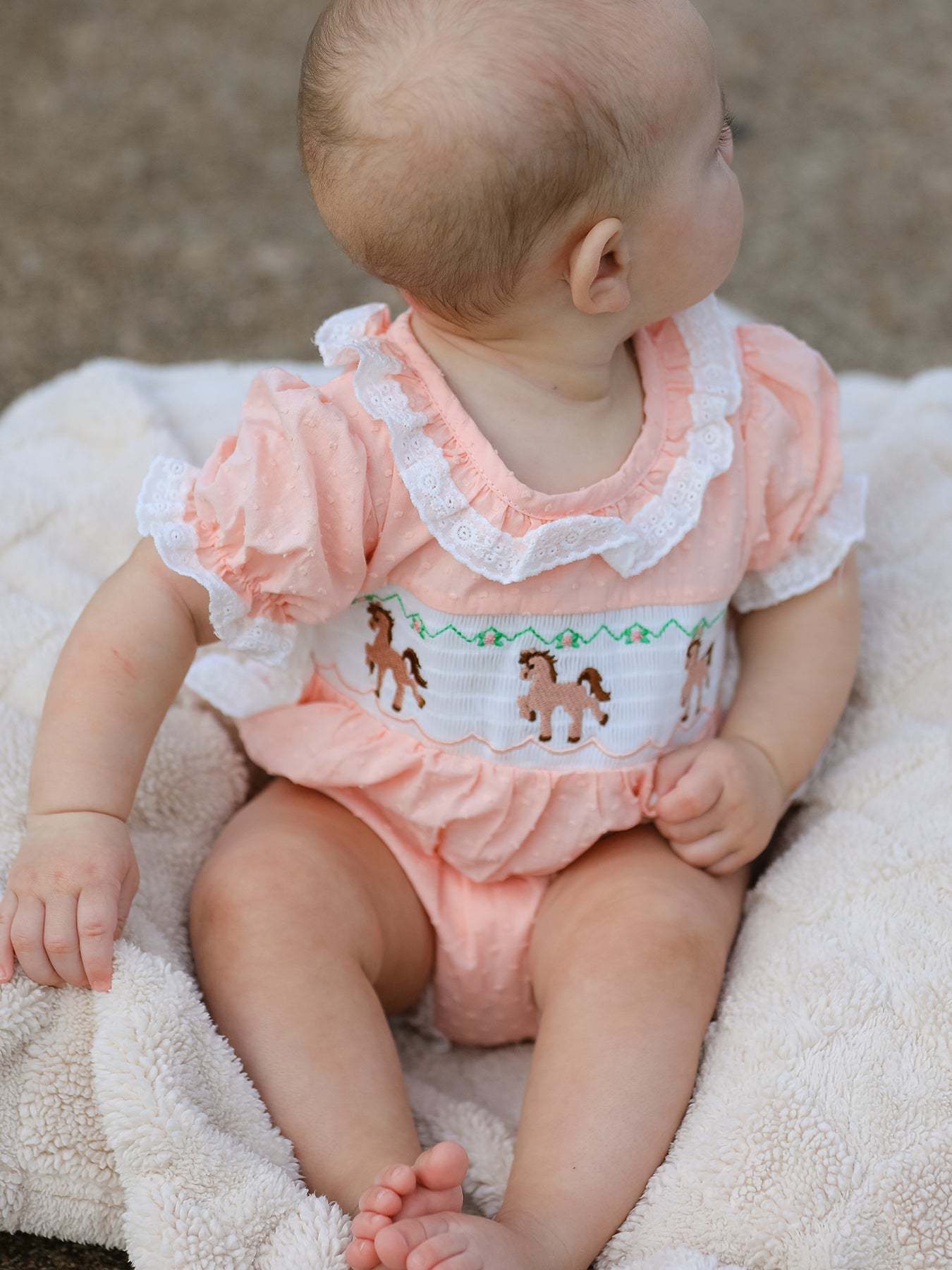 Western Horse Embroidery Girls Romper Lace Petals Collar Puff Sleeve by Rylee Faith Designs at Everetts Place