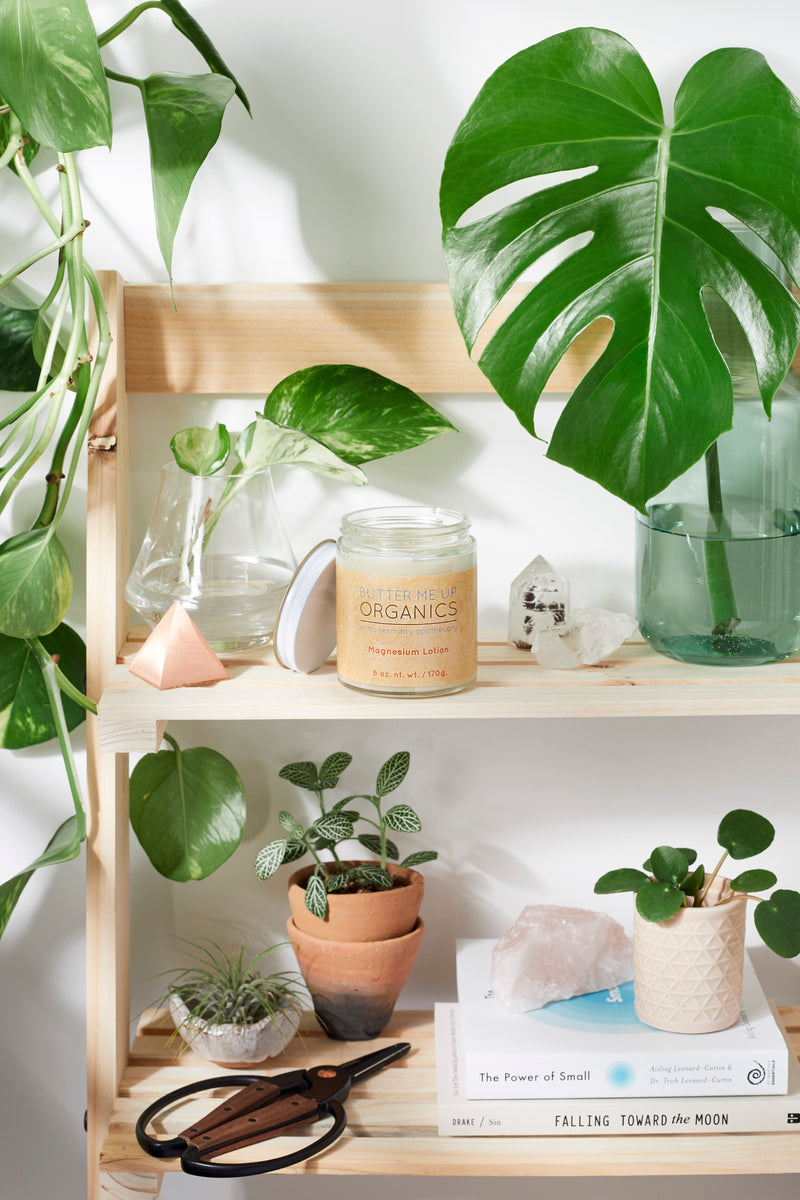 Organic Magnesium Lotion on shelf with plants and books in a glass jar.