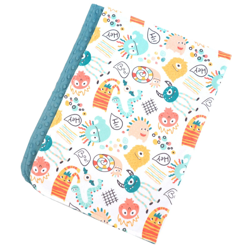 Baby & Toddler Minky Blanket with Monster Party print, 30x40 inches, soft minky fabric for sensory stimulation.