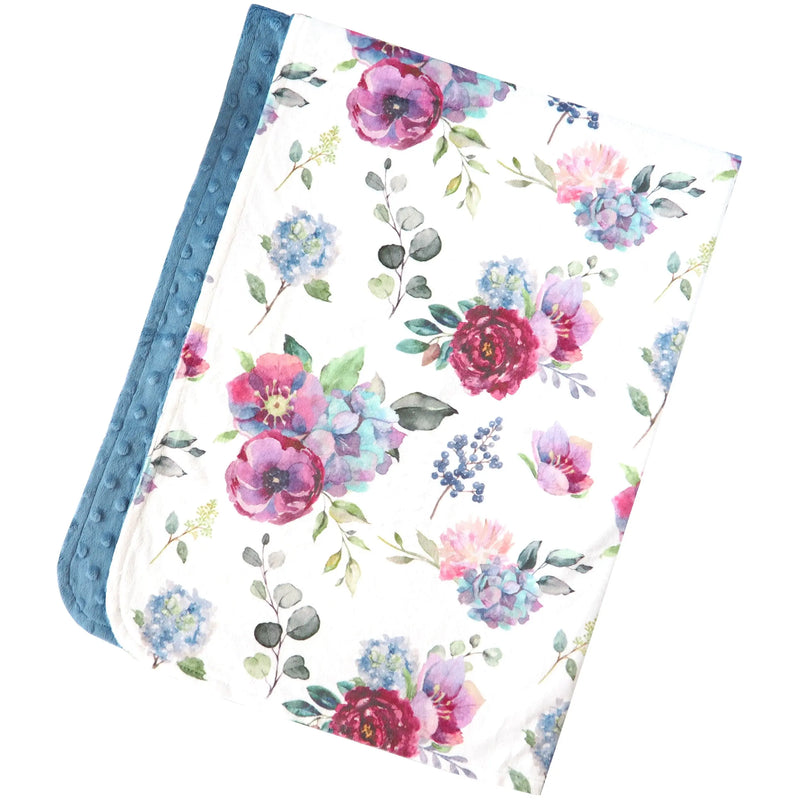 Premium blue floral baby and toddler minky blanket with soft texture and vibrant design.