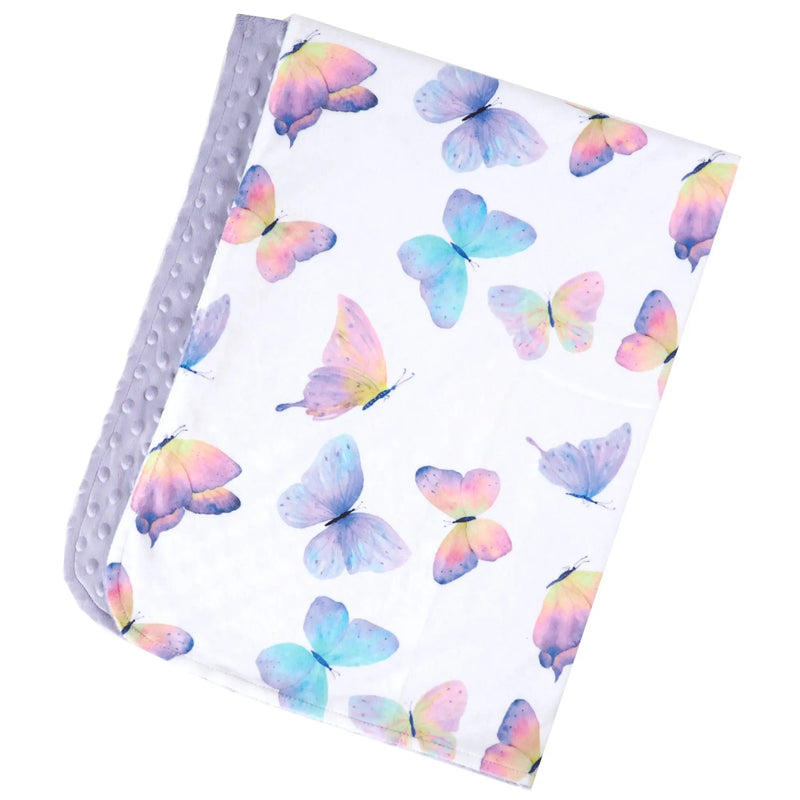 Premium butterfly-themed baby and toddler blanket with colorful pattern and minky dot texture.