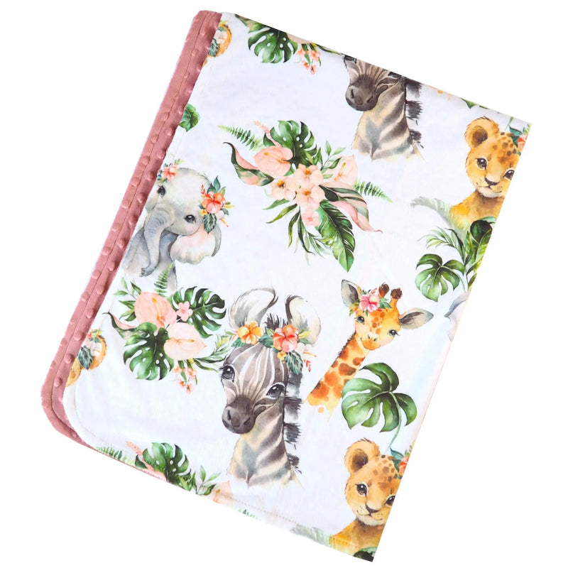 Baby & Toddler Minky Blanket with Africa Animals pattern, 30x40 inches.