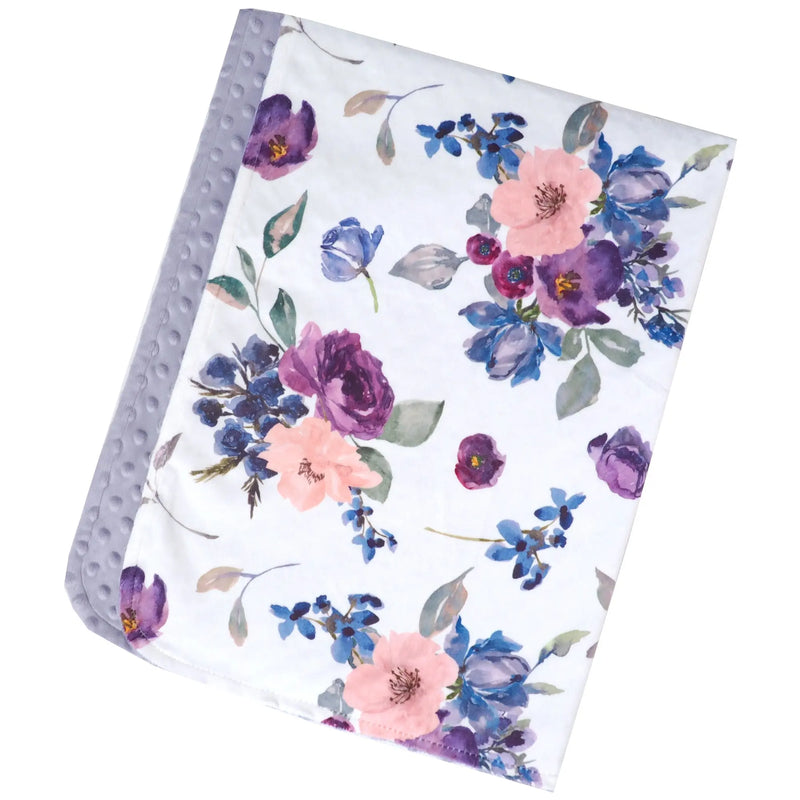 Premium baby and toddler blanket with purple and blush floral design, featuring super soft polyester and minky dot texture.