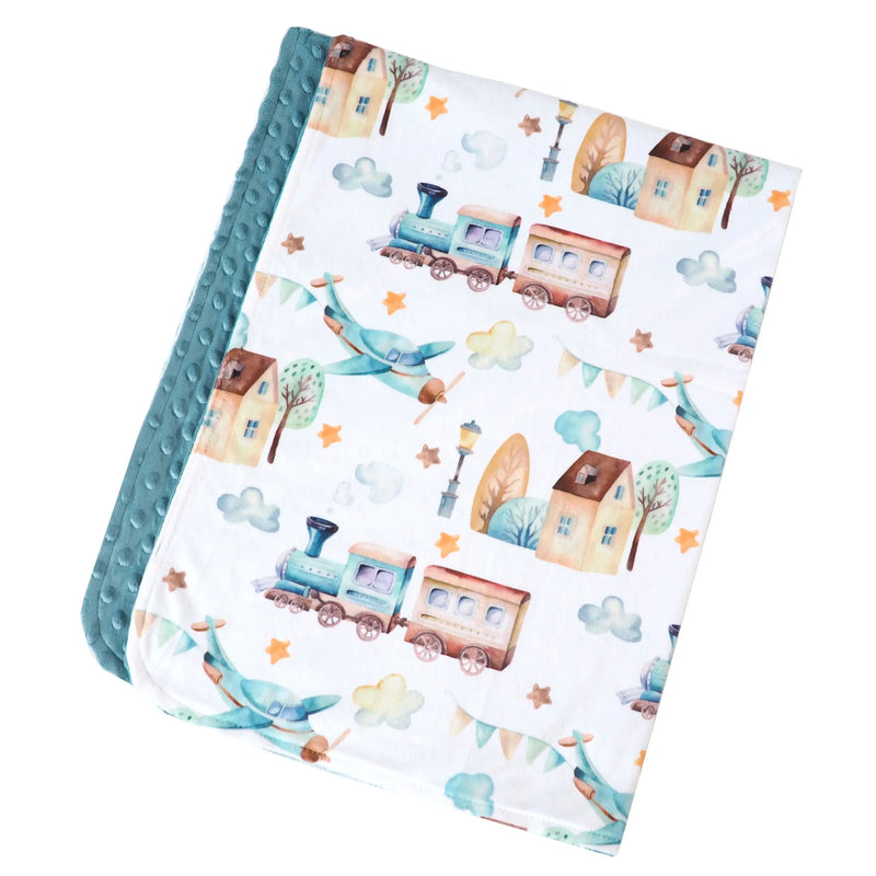 Premium baby and toddler minky blanket with trains and airplanes pattern, super soft and lightweight.
